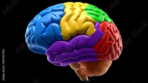 3D medical illustration of a human brain with colorful lobes, showing functional areas including the frontal, parietal, temporal, and occipital lobes on a black background