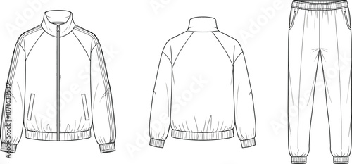 Technical fashion flat sketch of a unisex tracksuit set featuring a zip-up raglan jacket and matching joggers with elastic cuffs.