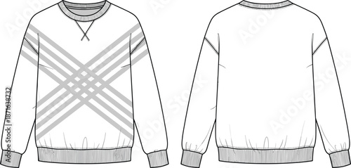 Technical fashion flat sketch of an oversized sweatshirt with ribbed trims and a geometric crisscross striped pattern for apparel design