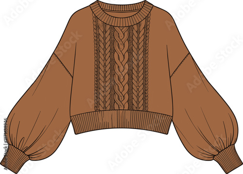 Technical fashion flat sketch of women brown cable knit cropped sweater with balloon sleeves and ribbed cuffs vector garment illustration,