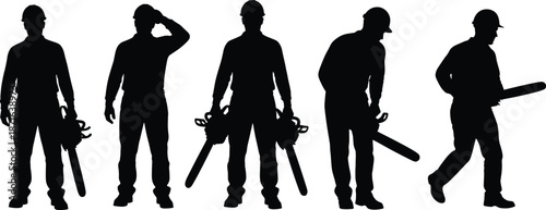 Silhouettes of Workers in Hard Hats Holding Chainsaws in Varied Poses, Calm Mood, One-Panel Labor Safety Vector Illustration