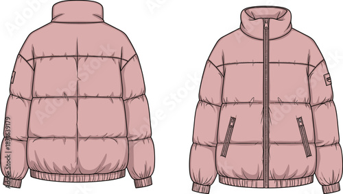 Technical Fashion Illustration of a Women’s Pink Puffer Jacket Front and Back View Mockup Flat Sketch for Apparel Design and Tech Pack