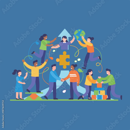 Diverse people collaborate to build a better future, symbolized by teamwork, a central puzzle piece, an upward arrow, and a globe.