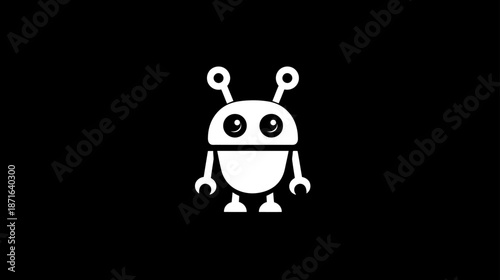 Modern minimalist white friendly robot icon with big eyes and antennae on a solid black background, concept for artificial intelligence and technology.