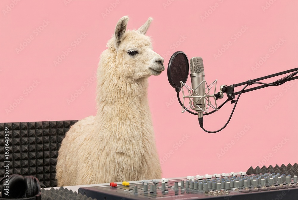 Obraz premium A llama records audio in a studio with a professional microphone and soundboard
