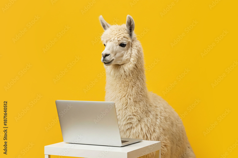 Fototapeta premium A fluffy alpaca uses a laptop on a white table against a vibrant yellow background