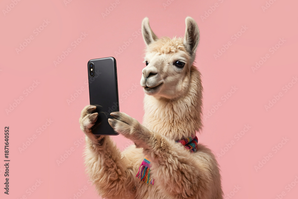 Fototapeta premium A llama taking a selfie with a smartphone and wearing a colorful scarf a pink background