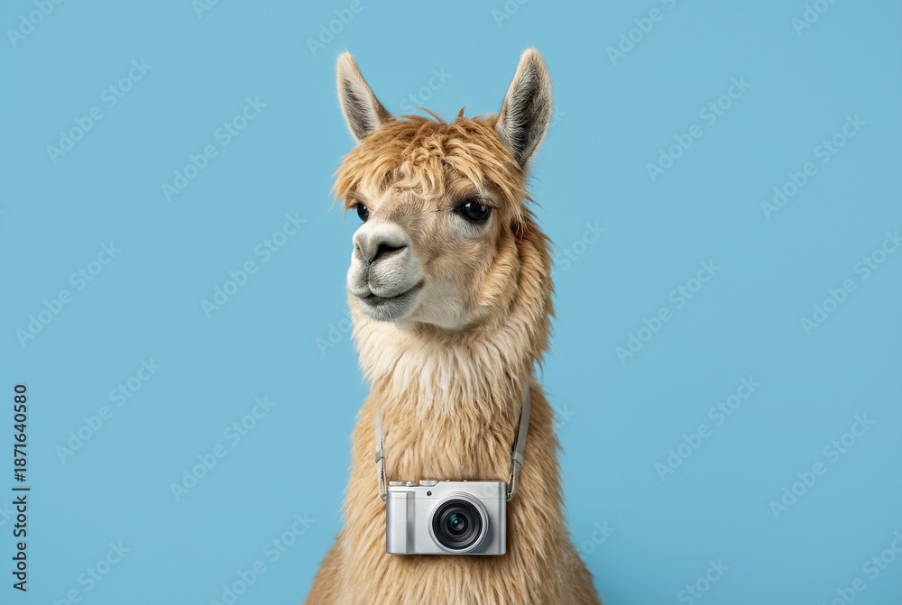 Naklejka premium Llama wearing a camera around its neck against a blue background