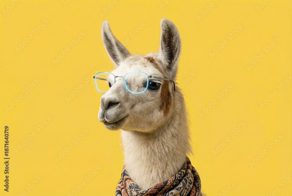 Fototapeta premium A llama wearing glasses and a scarf posing against a yellow background