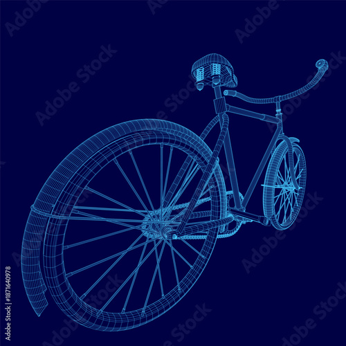 A detailed 3D wireframe model of a bicycle is displayed on a solid blue background. The blueprint clearly defines the frame, handlebars, and wheels.