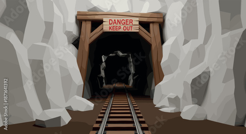 Abandoned deep mine shaft entrance with wooden support beams railroad tracks and danger keep out sign vector illustration.