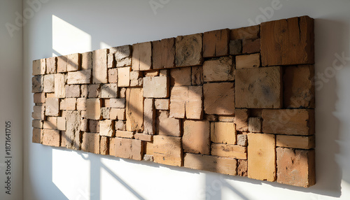Textured wooden block art on white wall with natural light
