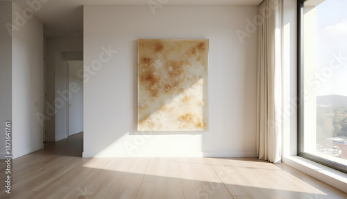 Minimalist room interior with abstract artwork and sunny window