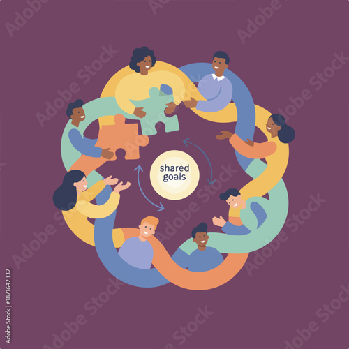 Foto A diverse group of people forms an interconnected circle, actively collaborating with puzzle pieces around a central shared goals concept, symbolizing unity and teamwork