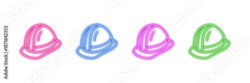 Neon glowing safety helmet vector icons set, hard hat, construction, worker protection, industrial safety, vibrant colorful digital design illustration on transparent background.