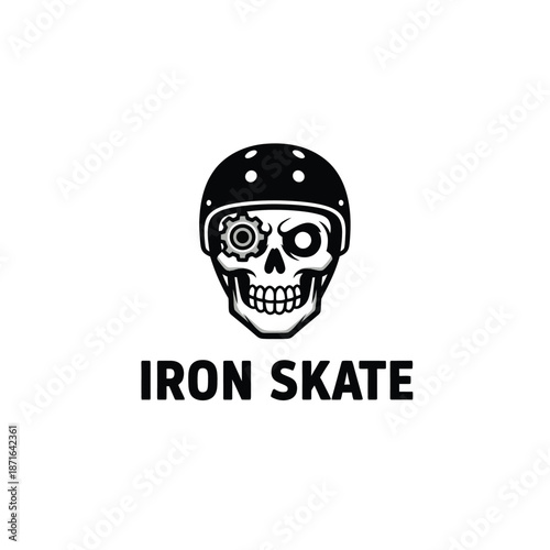 Iron Skate Skateboard Logo with Skull Wearing Helmet and Gear Eye for Extreme Sports Brand