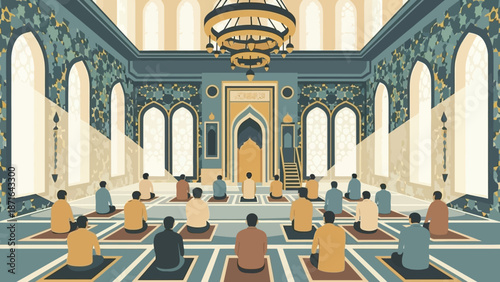 Illustration of People Praying in a Beautifully Decorated Mosque Interior