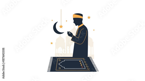 Silhouette of Muslim man praying with crescent moon and stars