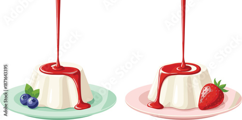 Set of Delicious Panna Cotta Dessert with Strawberry and Blueberry SyrupSet of Delicious Panna Cotta Dessert with Strawberry and Blueberry Syrup