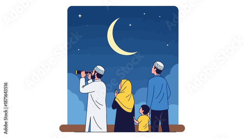 Family Observing Crescent Moon with Telescope at Night