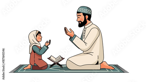 Father and daughter praying together on prayer mat in traditional attire