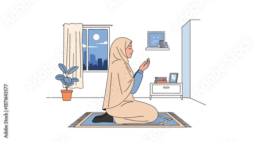 Muslim woman praying at home in peaceful evening setting