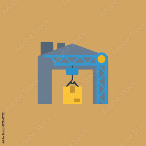 A blue and gray gantry crane with a yellow wheel lifts a yellow cardboard box with a dark brown tape across a mustard yellow background.