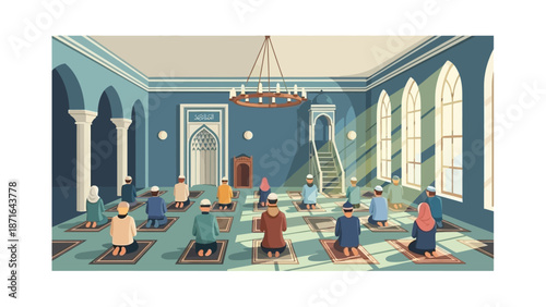 Muslim worshippers praying in a beautifully lit mosque interior