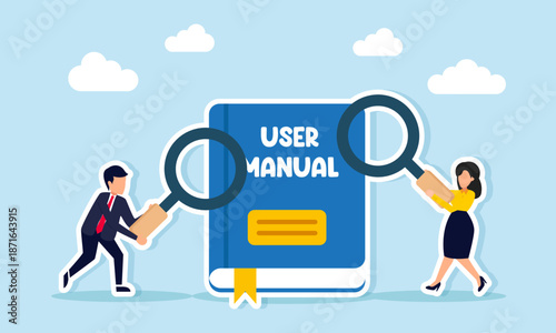 Businessman and businesswoman using magnifier to study user manual book illustration