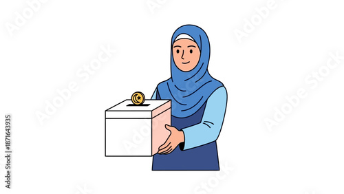 Smiling woman in hijab holding donation box with coin