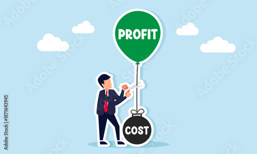 Businessman cutting rope between profit balloon and cost weight to reach break even point illustration