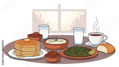 Vector illustration of breakfast table with pancakes and coffee