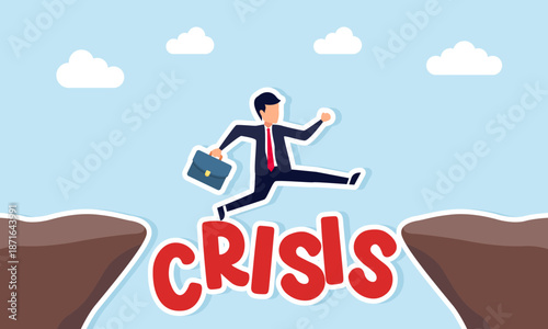 Businessman jumping across the word crisis as an illustration of overcoming economic and business challenges