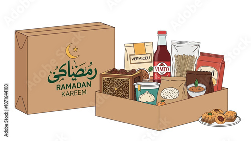 Ramadan gift box with traditional food items and decorations