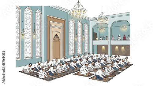 Illustration of Men Praying in a Mosque with Ornate Interior Design
