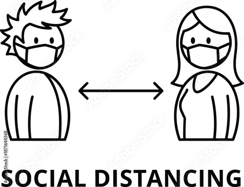 Social distancing vector illustration with masked people, double arrow, and bold text for public health and safety awareness design.