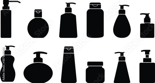 Cosmetic bottle silhouettes collection isolated on white background skincare shampoo lotion containers black vector illustration packaging design set