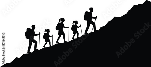 Family hiking mountain silhouettes climbing uphill trail isolated on white background outdoor adventure teamwork trekking black vector illustration concept