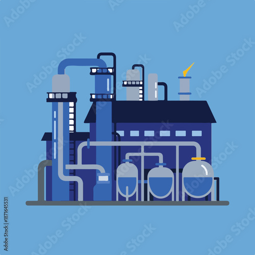A stylized blue and grey industrial plant illustration featuring interconnected buildings, storage tanks, pipes, and a flaming smokestack against a solid blue background.