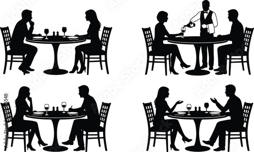 Elegant restaurant dining silhouettes showing couples conversation waiter service romantic dinner date night hospitality illustration isolated black white vector style