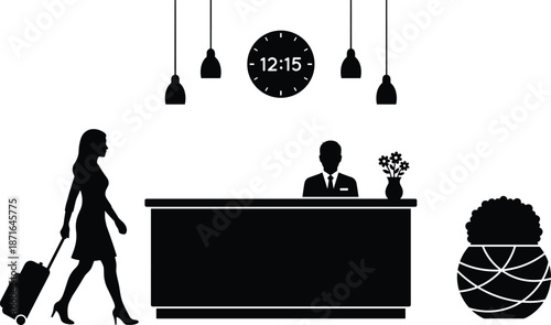 Hotel reception silhouette scene with woman checking in luggage receptionist desk travel hospitality business interior black white vector illustration concept