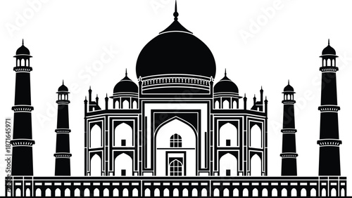 Iconic Taj Mahal silhouette, landmark architecture Mughal monument India travel tourism heritage black white vector illustration isolated historic famous skyline