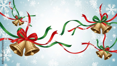 Christmas bells decoration with red and green ribbons on snowy background