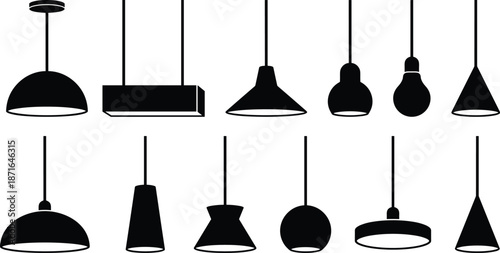 Modern pendant ceiling lamp silhouettes collection isolated on white background minimalist lighting fixtures black vector illustration interior decor design