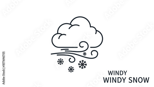 Simple black and white illustration of windy snow weather with cloud and snowflakes