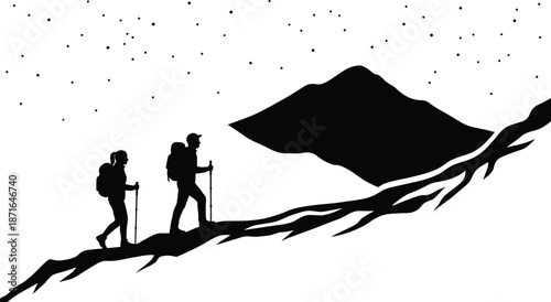 Mountain hiking silhouette, two backpackers trekking uphill toward peak under starry night sky outdoor adventure travel black white vector illustration
