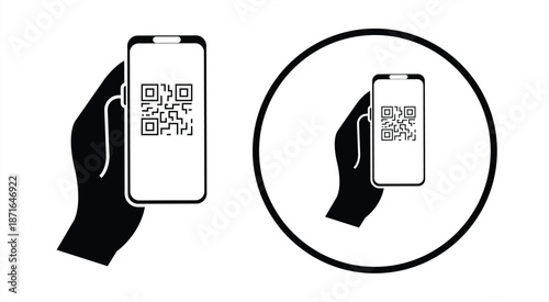 QR code scan icon. Mobile phone scanning QR code vector. Hand holding a phone with a scanner symbol. QR code icon set vector illustration.