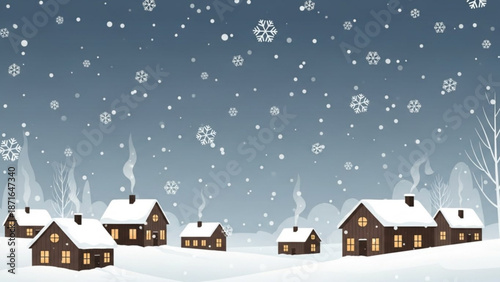 Snowy village scene with brown houses and snowflakes falling from a blue sky