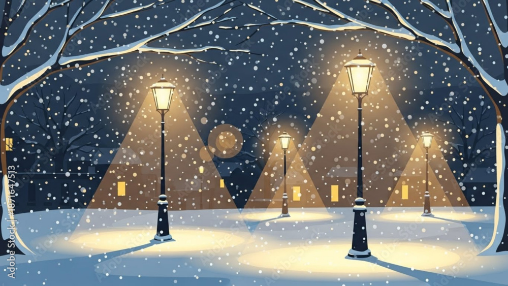 Obraz premium Snowy night scene with illuminated street lamps and houses in the background