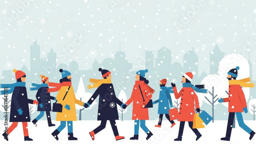People walking in the snow on a cold winter day in a snowy cityscape with colorful clothing and accessories